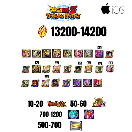 [GLOBAL][IOS] 13200-14200 STONES | 6TH ANNY CHARACTERS ANNY | BEAST GOHAN | CELL MAX | 26 CHARACTERS | 10-20 DOKKAN FEST | 50-60 LR | 500 TICKET