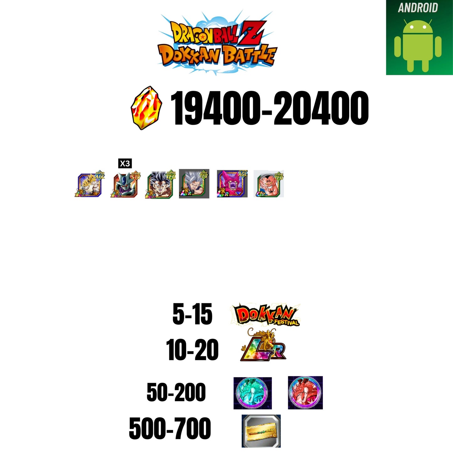 [GLOBAL][ANDROID] 19400-20400 STONES | BEAST GOHAN | CELL MAX | 5 CHARACTERS | 5-15 DOKKAN FEST | 10-20 LR | 500 TICKET