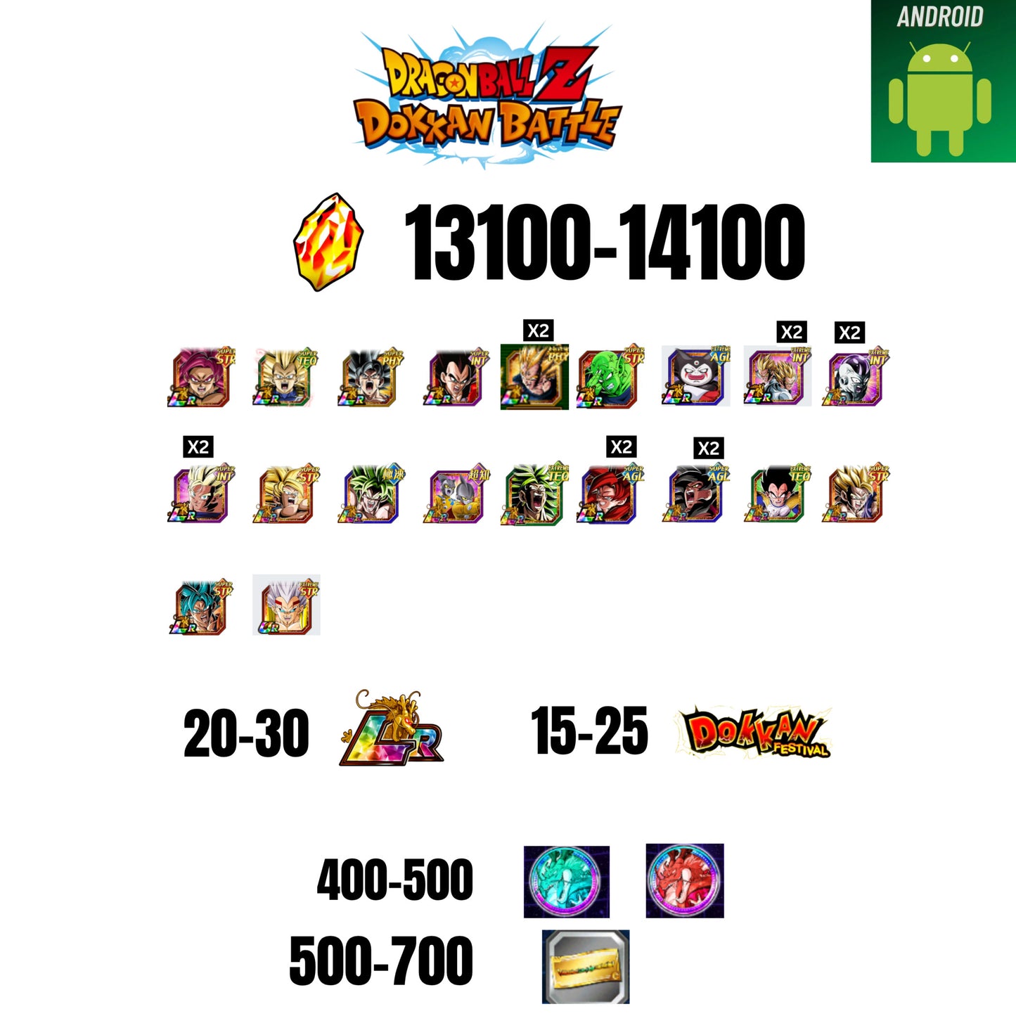 [GLOBAL][ANDROID] 13100-14100 STONES | GOKU SS4 | VEGETA SS3 | GOKU UI | VEGETA SS4 | 20 CHARACTERS | 20-30 LR + 15-25 DOKKAN FEST | 400-500 COIN | 500 TICKET