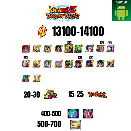 [GLOBAL][ANDROID] 13100-14100 STONES | GOKU SS4 | VEGETA SS3 | GOKU UI | VEGETA SS4 | 20 CHARACTERS | 20-30 LR + 15-25 DOKKAN FEST | 400-500 COIN | 500 TICKET