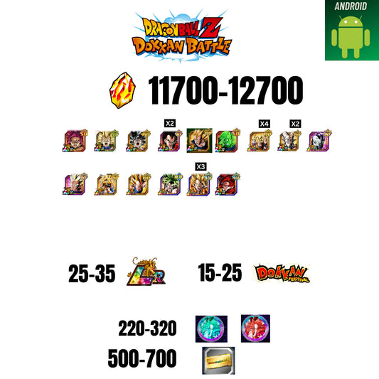 [GLOBAL][ANDROID] 11700-12700 STONES | GOKU SS4 | VEGETA SS3 | GOKU UI | VEGETA SS4 | 15 CHARACTERS | 25-35 LR + 15-25 DOKKAN FEST | 200-300 COIN | 500 TICKET