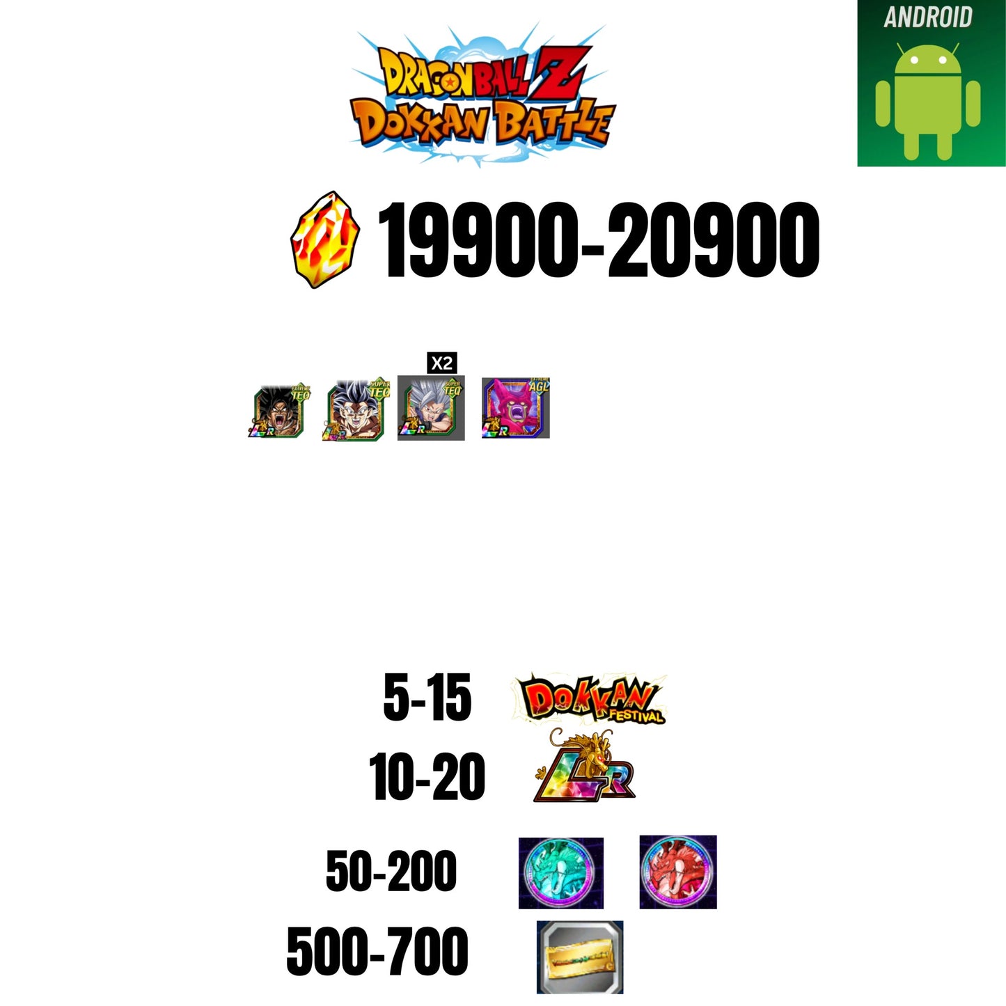 [GLOBAL][ANDROID] 19900-20900 STONES | BEAST GOHAN | CELL MAX | 4 CHARACTERS | 5-15 DOKKAN FEST | 10-20 LR | 500 TICKET
