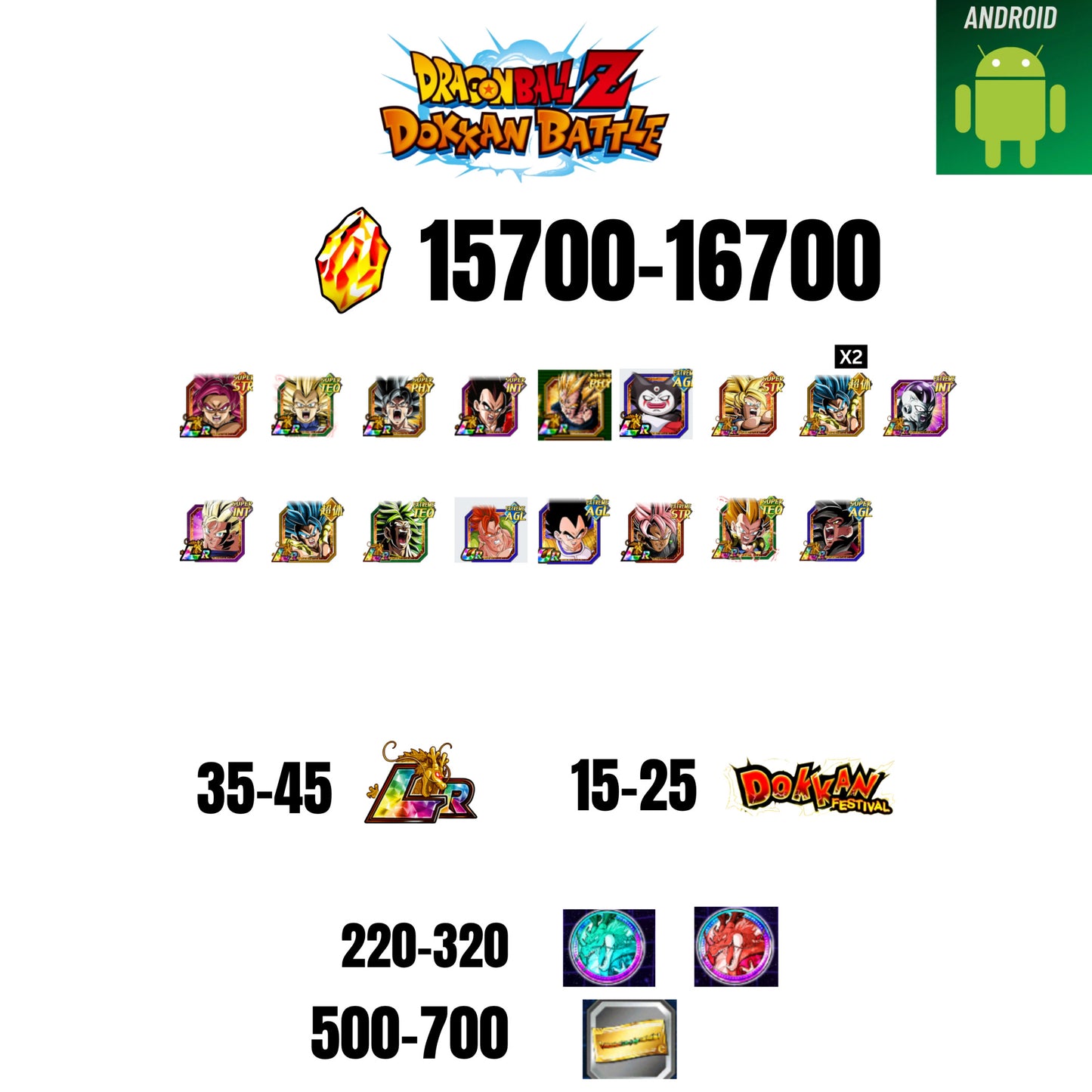 [GLOBAL][ANDROID] 15700-16700 STONES | GOKU SS4 | VEGETA SS3 | GOKU UI | VEGETA SS4 | 17 CHARACTERS | 35-45 LR + 15-25 DOKKAN FEST | 200-300 COIN | 500 TICKET