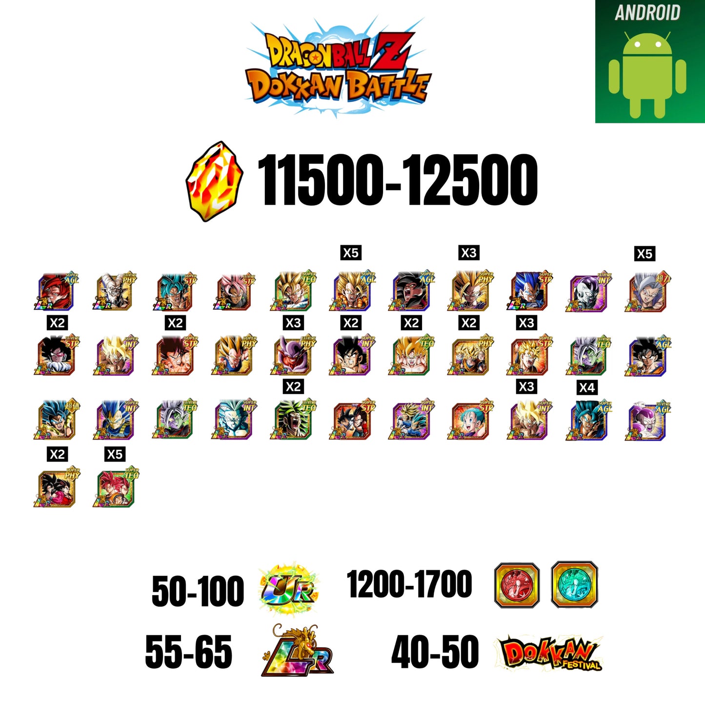 🔥12500 STONES💎35 CHARACTERS GUARANTEED🔥65 LR +50 DF + 100 UR+ 1700 COIN🔥DOKKAN BATTLE GLOBAL(ANDROID)✨️