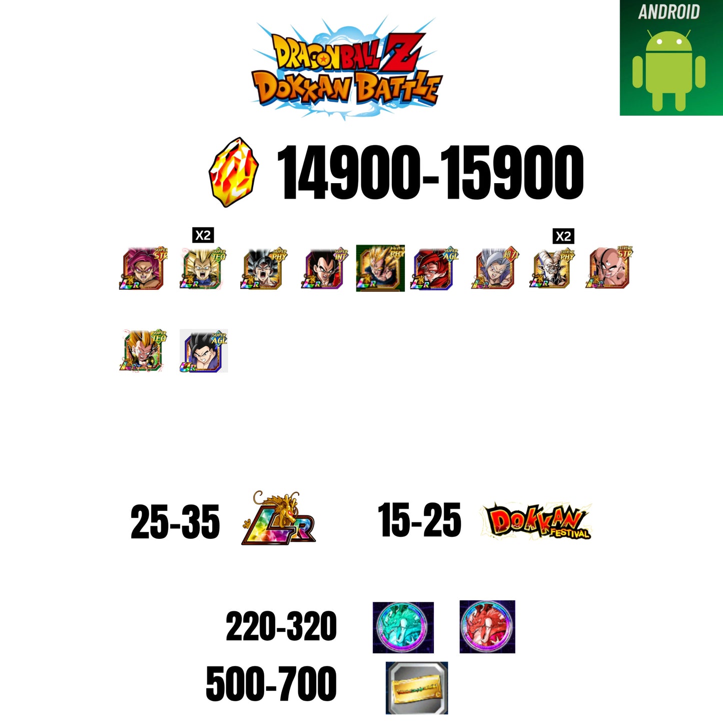 [GLOBAL][ANDROID] 14900-15900 STONES | GOKU SS4 | VEGETA SS3 | GOKU UI | VEGETA SS4 | 11 CHARACTERS | 25-35 LR + 15-25 DOKKAN FEST | 200-300 COIN | 500 TICKET