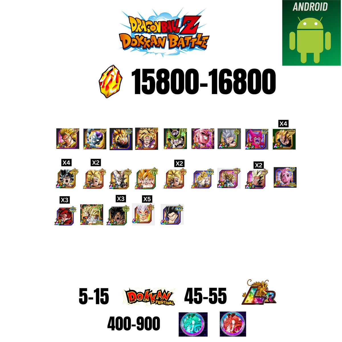 [GLOBAL][ANDROID] 15800-16800 STONES | 6TH ANNY CHARACTERS ANNY | BEAST GOHAN | CELL MAX | 27 CHARACTERS | 5-15 DOKKAN FEST | 45-55 LR | 400+ COIN