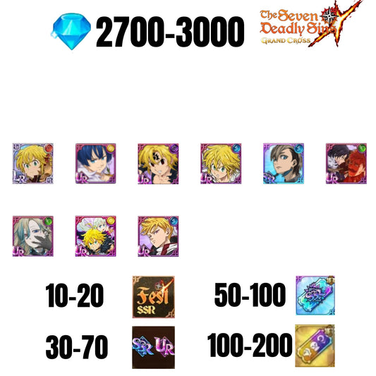 [GLOBAL] 2700-3000 GEMS | GAWAIN | NEMESIS MELIODAS | ESCANOR/MERLIN | 7 FEST UR | 1 COLLAB | 30-70 FEST UR/SSR