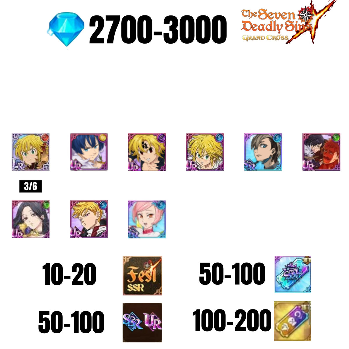 [GLOBAL] 2700-3000 GEMS | GAWAIN | NEMESIS MELIODAS | ESCANOR/MERLIN | 6 FEST UR | 1 COLLAB | 30-70 FEST UR/SSR