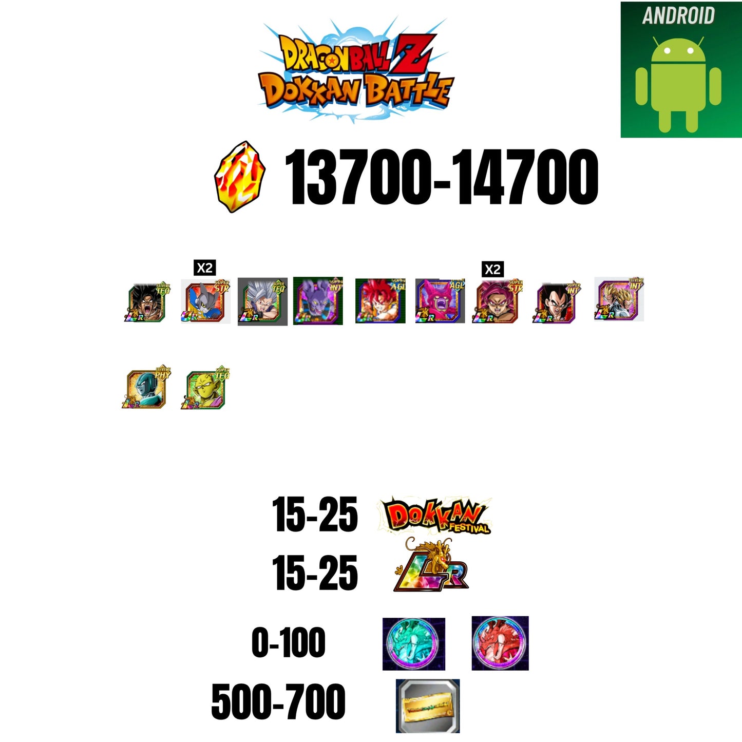 [GLOBAL][ANDROID] 13700-14700 STONES | BEAST GOHAN | CELL MAX | GOKU GOD | BEERUS | 11 CHARACTERS | 15-25 DOKKAN FEST | 15-25 LR | 500 TICKET
