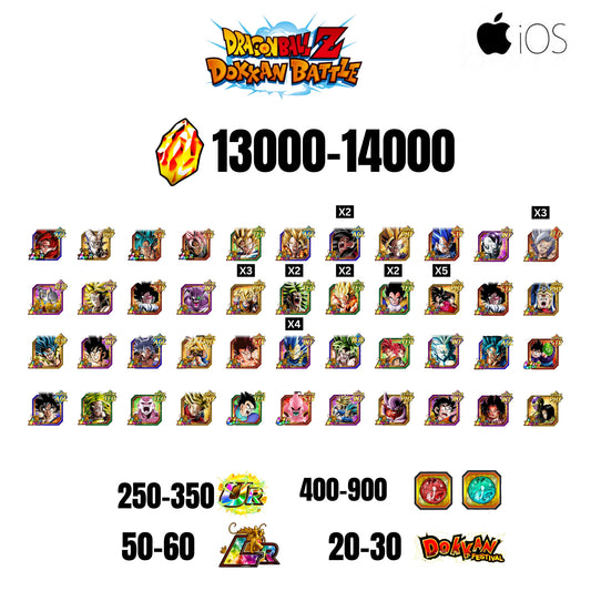 🔥14000 STONES💎44 CHARACTERS GUARANTEED🔥60 LR +30 DF + 350 UR+ 900 COIN🔥DOKKAN BATTLE GLOBAL(IOS)✨️