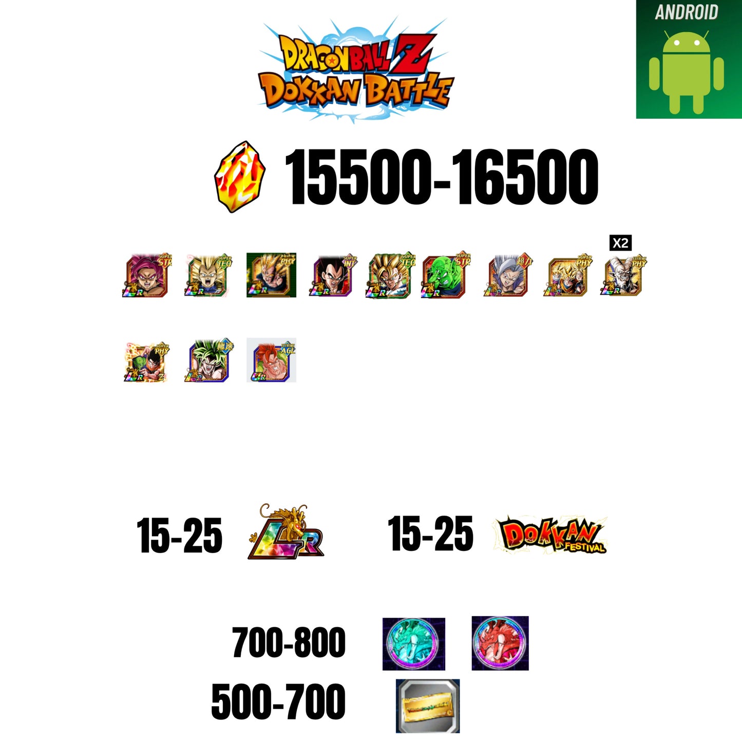 [GLOBAL][ANDROID] 15500-16500 STONES | GOKU SS4 | VEGETA SS3 | GOKU UI | VEGETA SS4 | 12 CHARACTERS | 15-25 LR + 15-25 DOKKAN FEST | 700-800 COIN | 500 TICKET