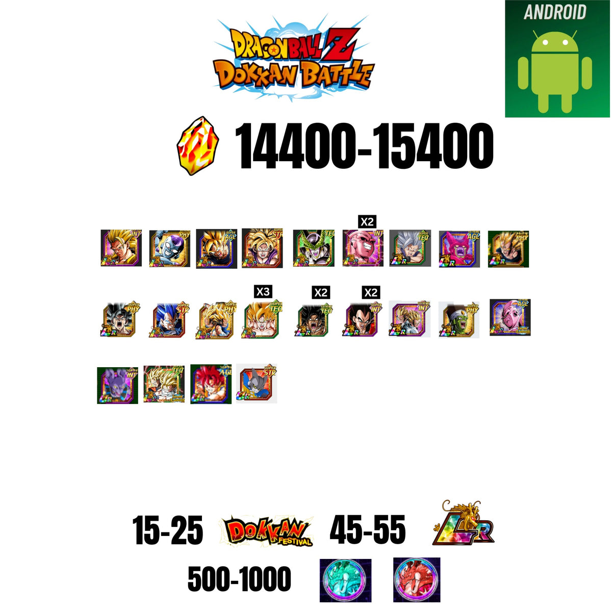 [GLOBAL][ANDROID] 14400-15400 STONES | 6TH ANNY CHARACTERS ANNY | BEAST GOHAN | CELL MAX | 22 CHARACTERS | 15-25 DOKKAN FEST | 45-55 LR | 500+ COIN