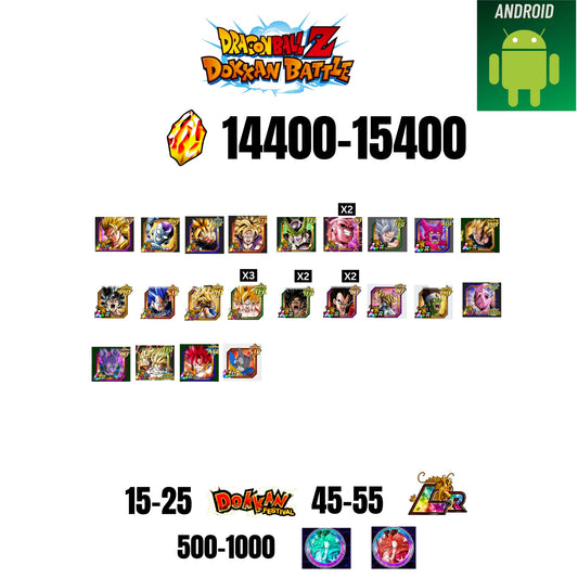 [GLOBAL][ANDROID] 14400-15400 STONES | 6TH ANNY CHARACTERS ANNY | BEAST GOHAN | CELL MAX | 22 CHARACTERS | 15-25 DOKKAN FEST | 45-55 LR | 500+ COIN