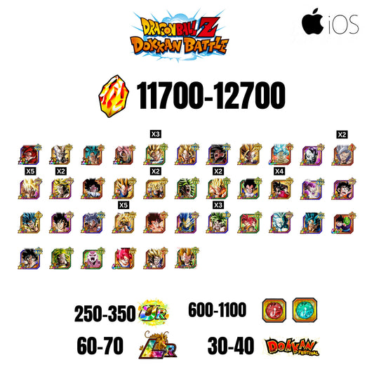 🔥12700 STONES💎39CHARACTERS GUARANTEED🔥70 LR +40 DF + 350 UR+ 1100 COIN🔥DOKKAN BATTLE GLOBAL(IOS)✨️