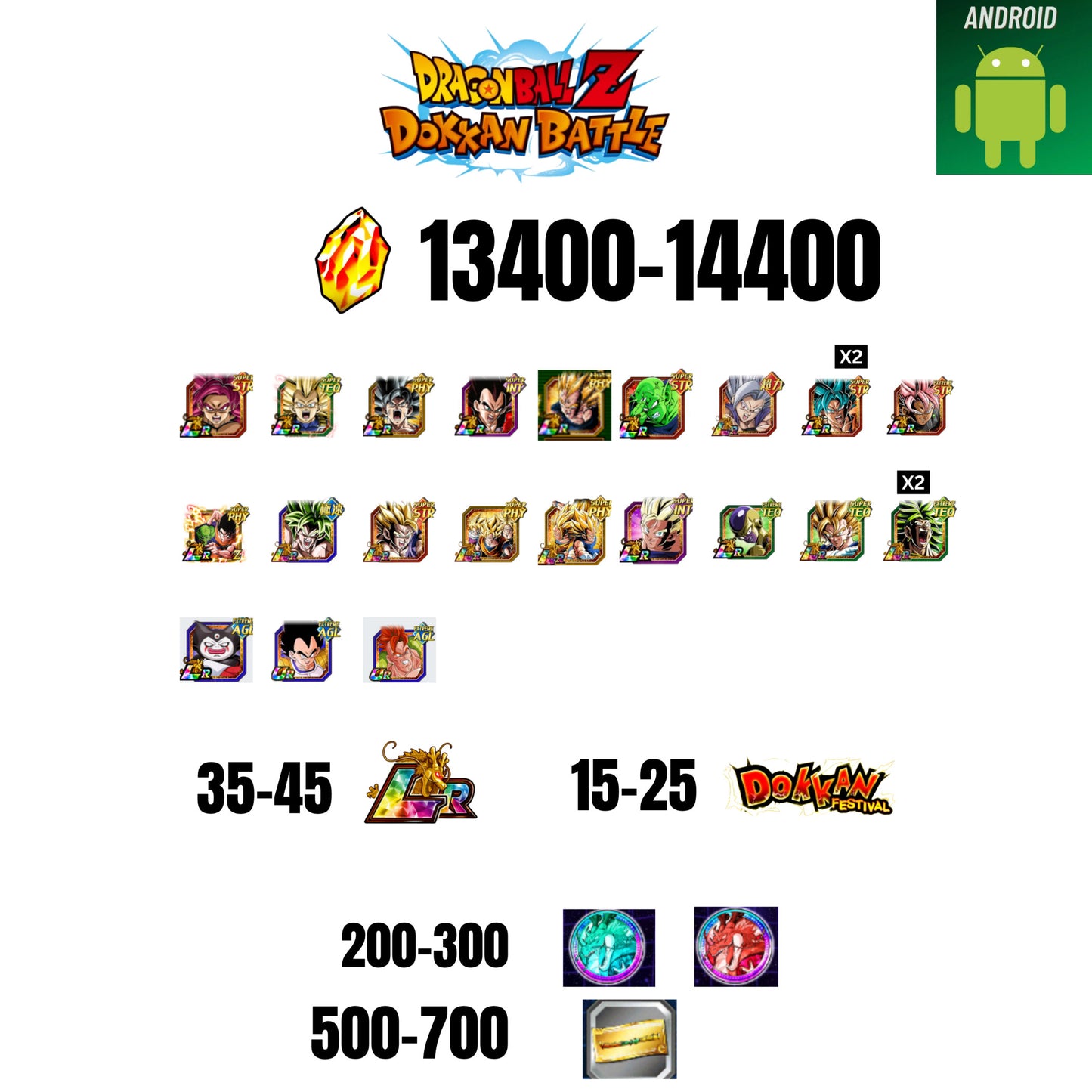 [GLOBAL][ANDROID] 13400-14400 STONES | GOKU SS4 | VEGETA SS3 | GOKU UI | VEGETA SS4 | 19 CHARACTERS | 35-45 LR + 15-25 DOKKAN FEST | 200-300 COIN | 500 TICKET
