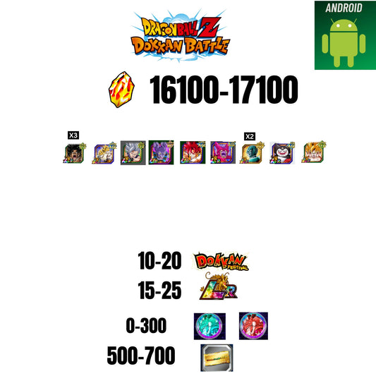 [GLOBAL][ANDROID] 16100-17100 STONES | BEAST GOHAN | CELL MAX | GOKU GOD | BEERUS | 9 CHARACTERS | 10-20 DOKKAN FEST | 15-25 LR | 500 TICKET