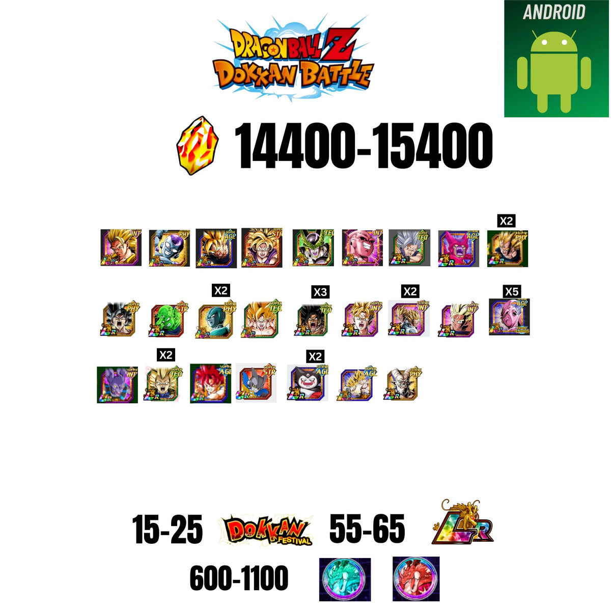 [GLOBAL][ANDROID] 14400-15400 STONES | 6TH ANNY CHARACTERS ANNY | BEAST GOHAN | CELL MAX | 25 CHARACTERS | 15-25 DOKKAN FEST | 55-65 LR | 600+ COIN