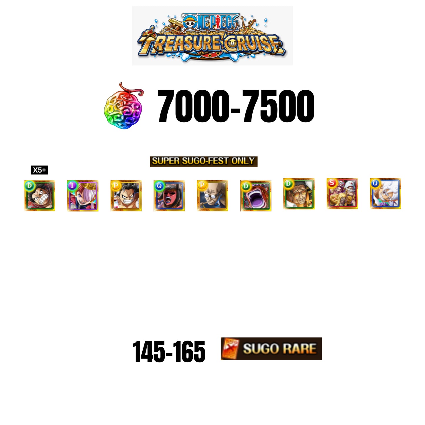 [GLOBAL][ANDROID] 7000-7500 GEMS| Luffy gear 5 new | st. Shepherd Ju Peter | st. Ethanbaron V. Nusjuro | 9 SUPER SUGO FEST CHARACTERS | 145-165 SUGO FEST CHARACTERS