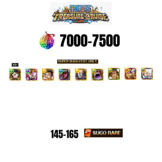 [GLOBAL][ANDROID] 7000-7500 GEMS| Luffy gear 5 new | st. Shepherd Ju Peter | st. Ethanbaron V. Nusjuro | 9 SUPER SUGO FEST CHARACTERS | 145-165 SUGO FEST CHARACTERS