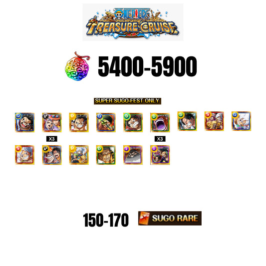 [GLOBAL][ANDROID] 5400-5900 GEMS| Luffy gear 5 new | st. Shepherd Ju Peter | st. Ethanbaron V. Nusjuro | 15 SUPER SUGO FEST CHARACTERS | 145-165 SUGO FEST CHARACTERS