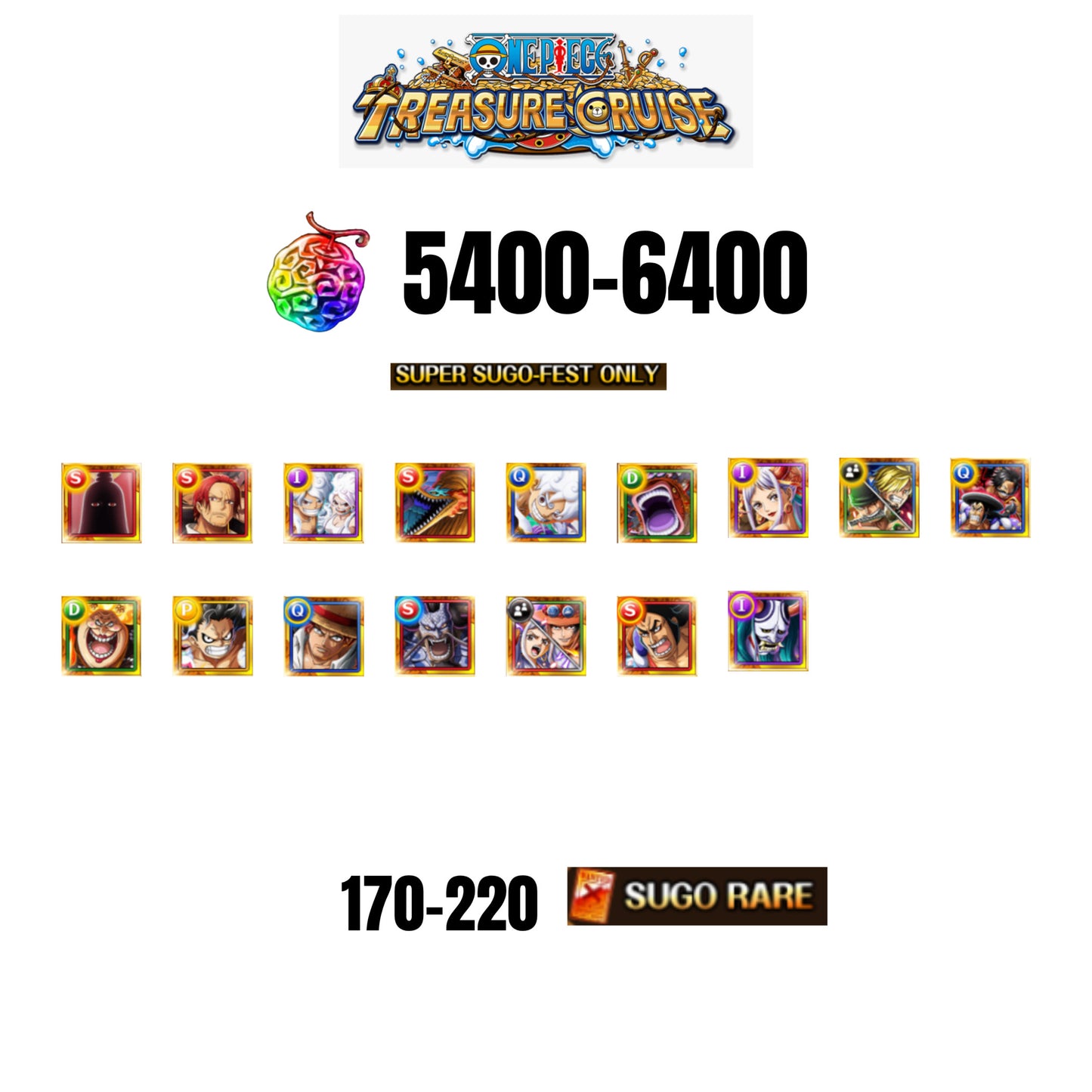 [GLOBAL][ANDROID] 5400-6400 GEMS | 2 12TH ANNY CHARACTERS | 16 SUPER SUGO FEST | 170-220 SUGO RARE