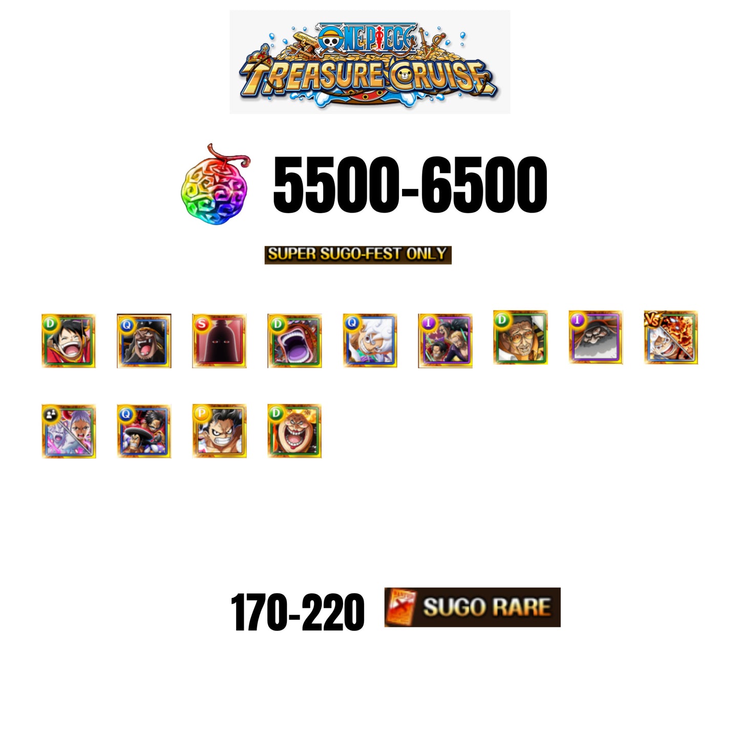 [GLOBAL][ANDROID] 5500-6500 GEMS | 3 12TH ANNY CHARACTERS | 13 SUPER SUGO FEST | 170-220 SUGO RARE