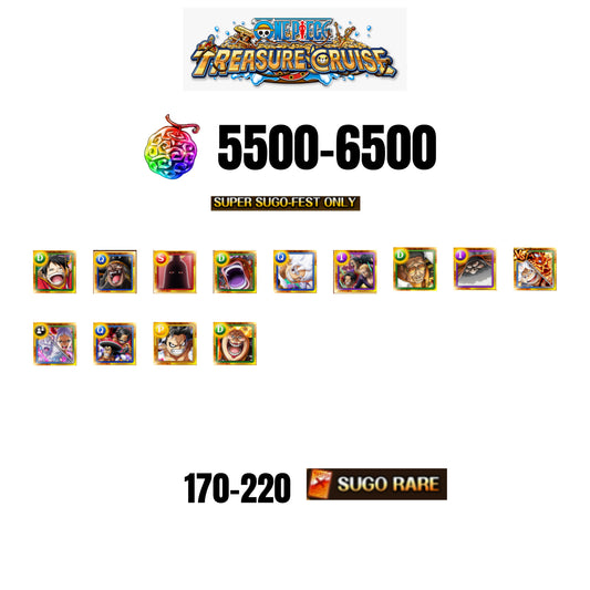 [GLOBAL][ANDROID] 5500-6500 GEMS | 3 12TH ANNY CHARACTERS | 13 SUPER SUGO FEST | 170-220 SUGO RARE