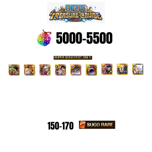 [GLOBAL][ANDROID] 5000-5500 GEMS | Luffy gear 5 new | st. Shepherd Ju Peter | st. Ethanbaron V. Nusjuro | 11 SUPER SUGO FEST CHARACTERS | 145-165 SUGO FEST CHARACTERS