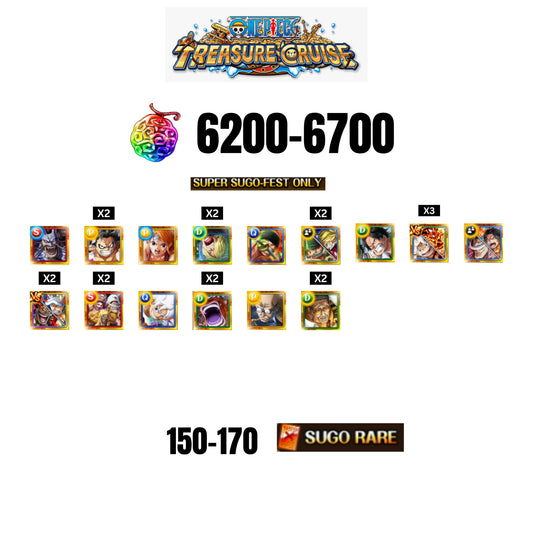 [GLOBAL][ANDROID] 6200-6700 GEMS| Luffy gear 5 new | st. Shepherd Ju Peter | st. Ethanbaron V. Nusjuro | 15 SUPER SUGO FEST CHARACTERS | 145-165 SUGO FEST CHARACTERS