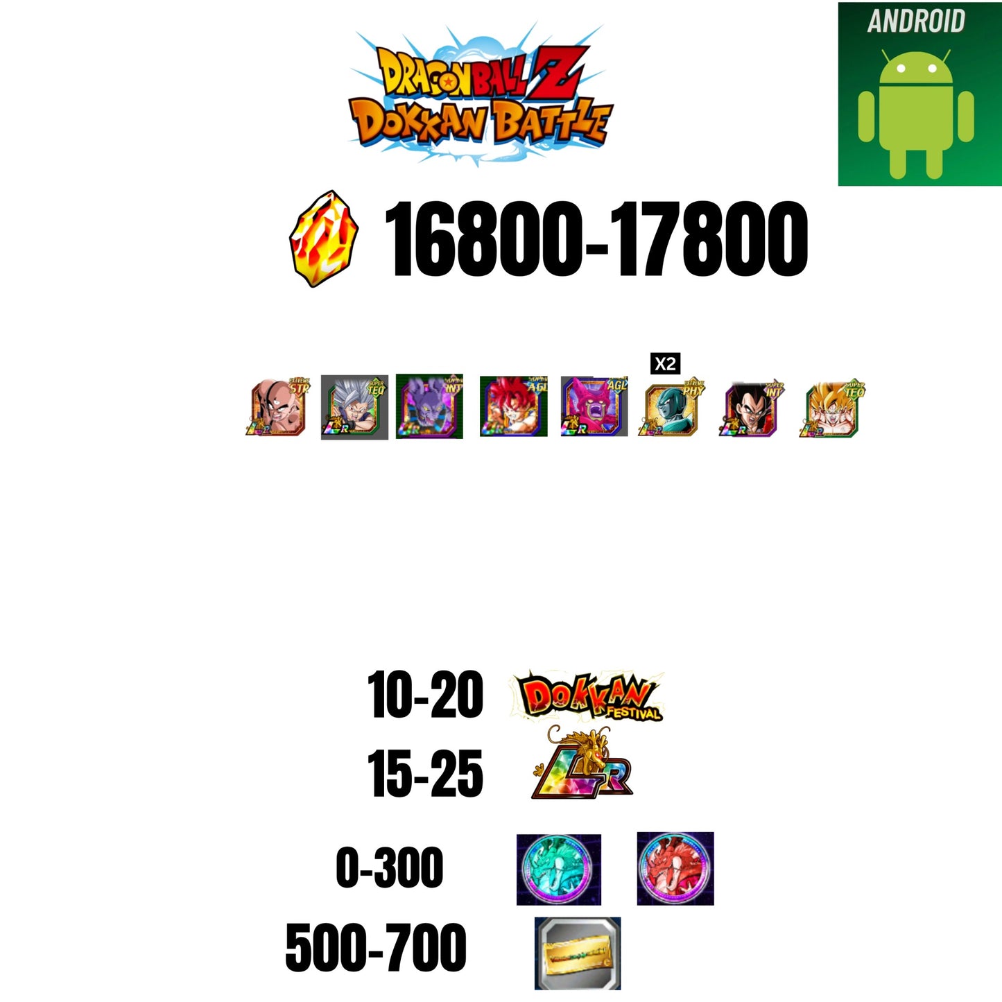 [GLOBAL][ANDROID] 16800-17800 STONES | BEAST GOHAN | CELL MAX | GOKU GOD | BEERUS | 8 CHARACTERS | 10-20 DOKKAN FEST | 15-25 LR | 500 TICKET