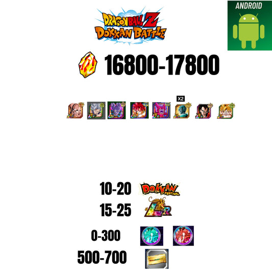[GLOBAL][ANDROID] 16800-17800 STONES | BEAST GOHAN | CELL MAX | GOKU GOD | BEERUS | 8 CHARACTERS | 10-20 DOKKAN FEST | 15-25 LR | 500 TICKET
