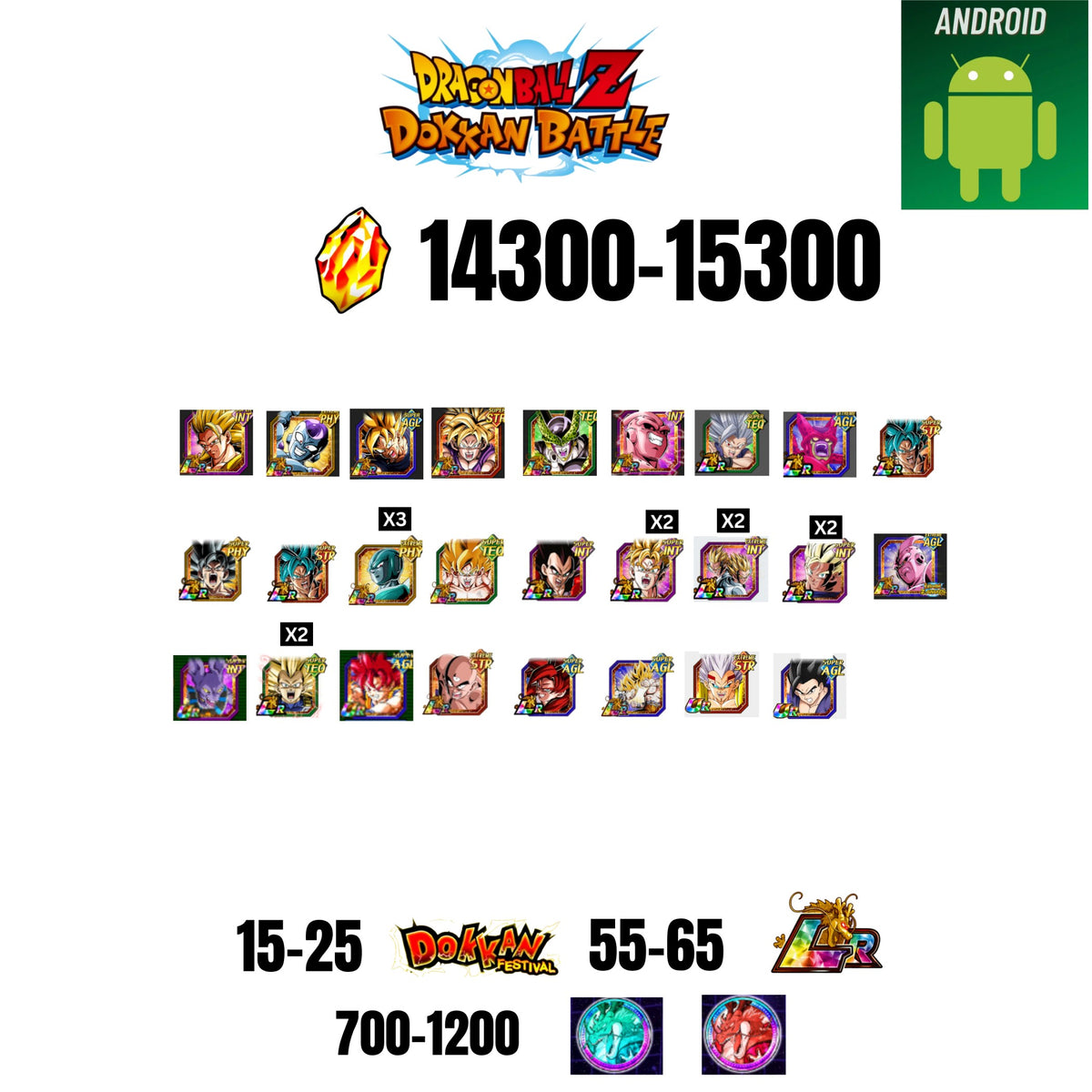 [GLOBAL][ANDROID] 14300-15300 STONES | 6TH ANNY CHARACTERS ANNY | BEAST GOHAN | CELL MAX | 26 CHARACTERS | 15-25 DOKKAN FEST | 55-65 LR | 700+ COIN