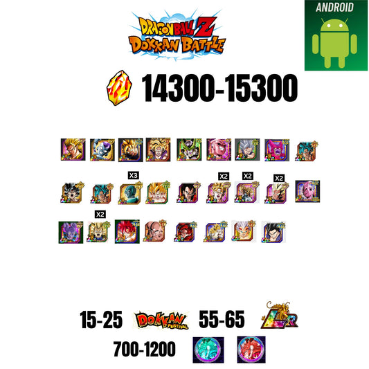 [GLOBAL][ANDROID] 14300-15300 STONES | 6TH ANNY CHARACTERS ANNY | BEAST GOHAN | CELL MAX | 26 CHARACTERS | 15-25 DOKKAN FEST | 55-65 LR | 700+ COIN