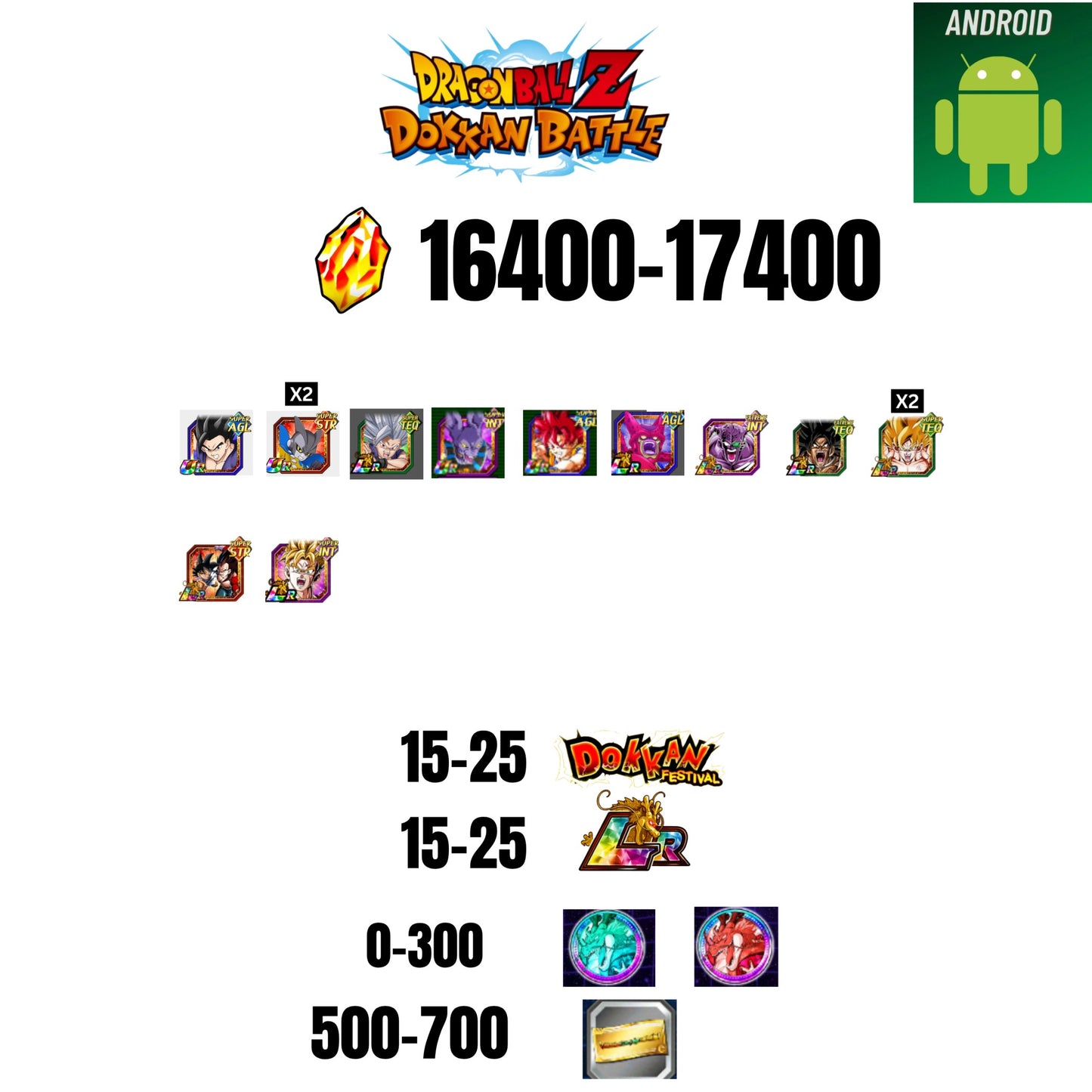 [GLOBAL][ANDROID] 16400-17400 STONES | BEAST GOHAN | CELL MAX | GOKU GOD | BEERUS | 11 CHARACTERS | 15-25 DOKKAN FEST | 15-25 LR | 500 TICKET