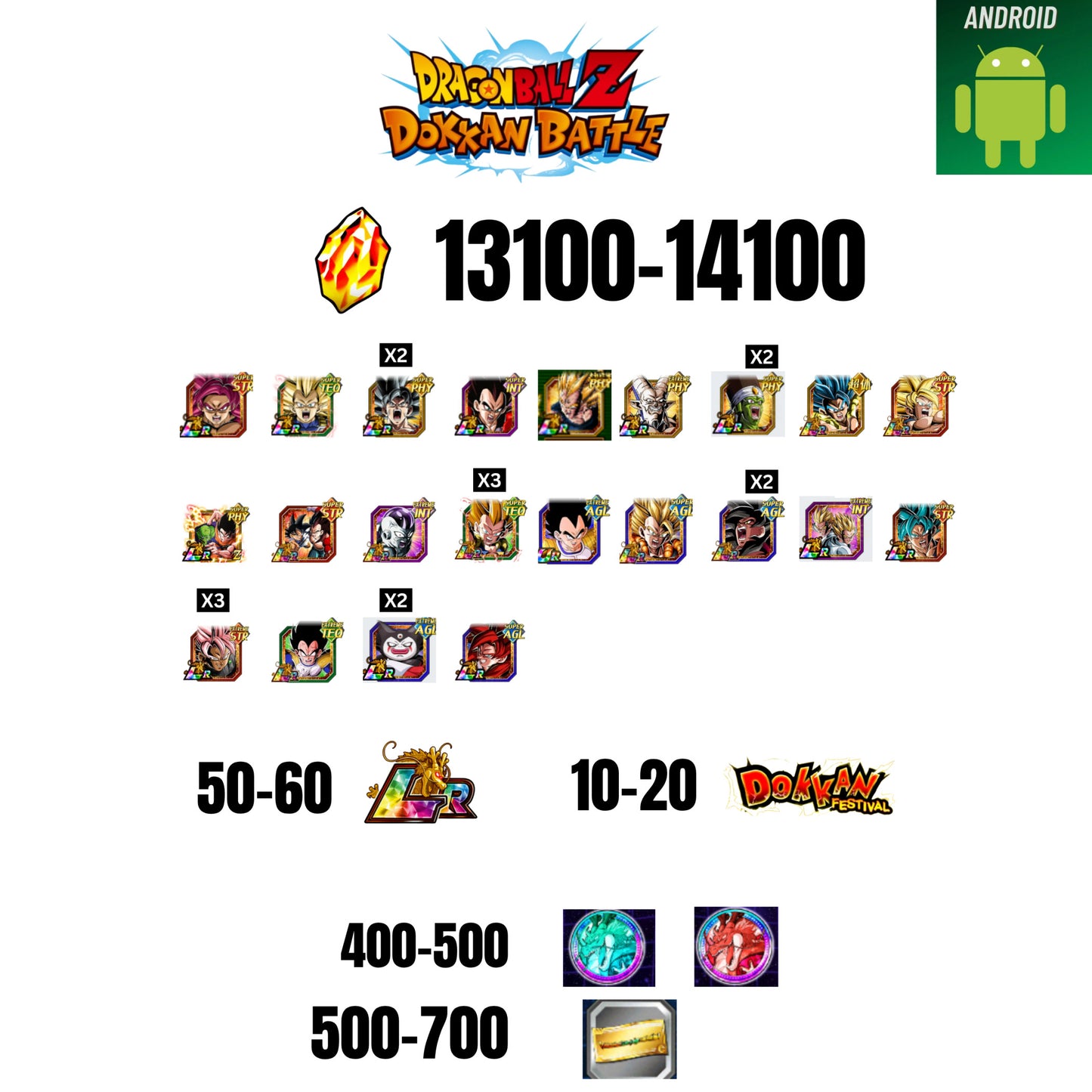 [GLOBAL][ANDROID] 13100-14100 STONES | GOKU SS4 | VEGETA SS3 | GOKU UI | VEGETA SS4 | 22 CHARACTERS | 50-60 LR + 10-20 DOKKAN FEST | 400-500 COIN | 500 TICKET
