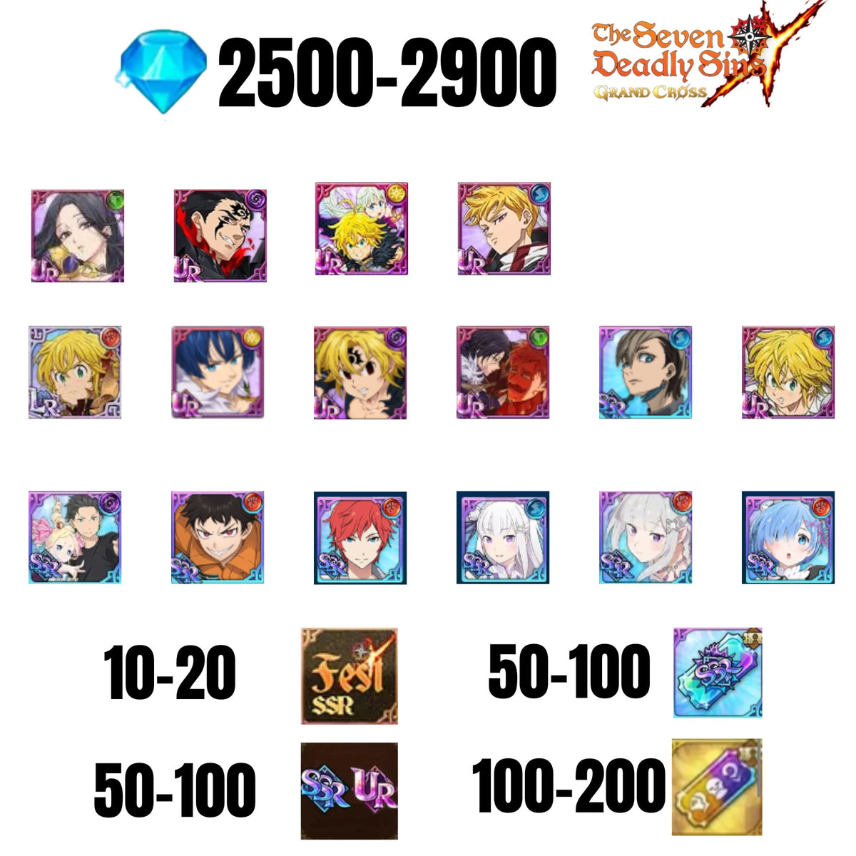[GLOBAL] 2500-2900 GEMS | GAWAIN | NEMESIS MELIODAS | ESCANOR/MERLIN | SHINRA | SUBARU/BEATRICE | 8 FEST UR | 7 COLLAB | 10-20 FEST SSR