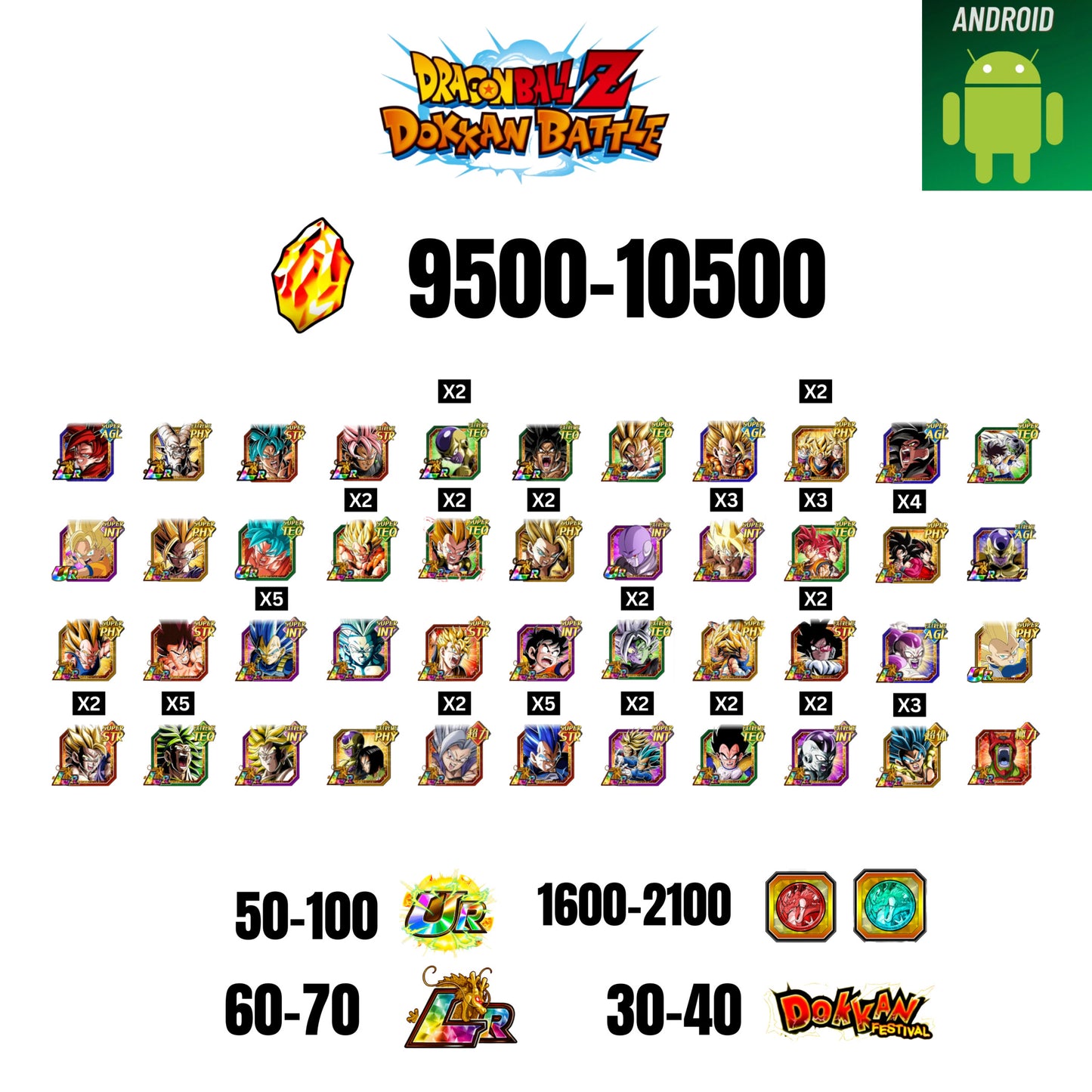 [GLOBAL] [ANDROID] 9500-10500 STONES | 4 WWC LR  | FRIEZA LR X2 | BROLY LR X2 | 44 CHARACTERS | 60-70 LR + 30-40 DOKKAN FESTIVAL | 1600-2100 COIN