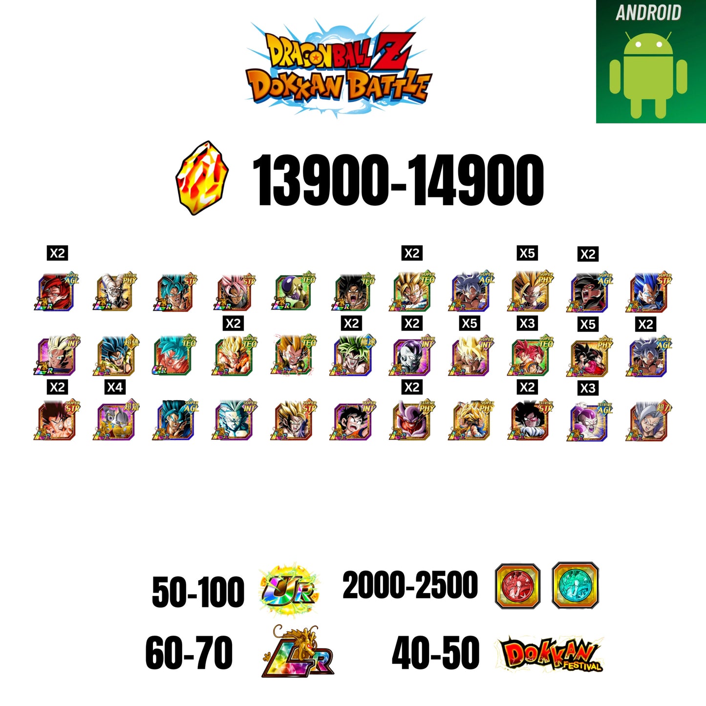 [GLOBAL] [ANDROID] 13900-14900 STONES | 4 WWC LR  | GOHAN LR | FRIEZA LR | BROLY LR | 33 CHARACTERS | 60-70 LR + 40-50 DOKKAN FESTIVAL | 2000-2500 COIN