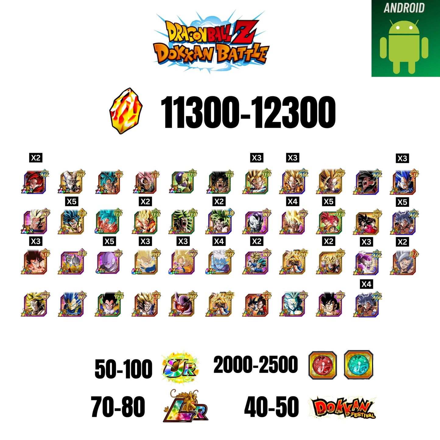 [GLOBAL] [ANDROID] 11300-12300 STONES | 4 WWC LR  | GOHAN LR | FRIEZA LR X2 | BROLY LR X2 | 44 CHARACTERS | 60-70 LR + 30-40 DOKKAN FESTIVAL | 2000-2500 COIN
