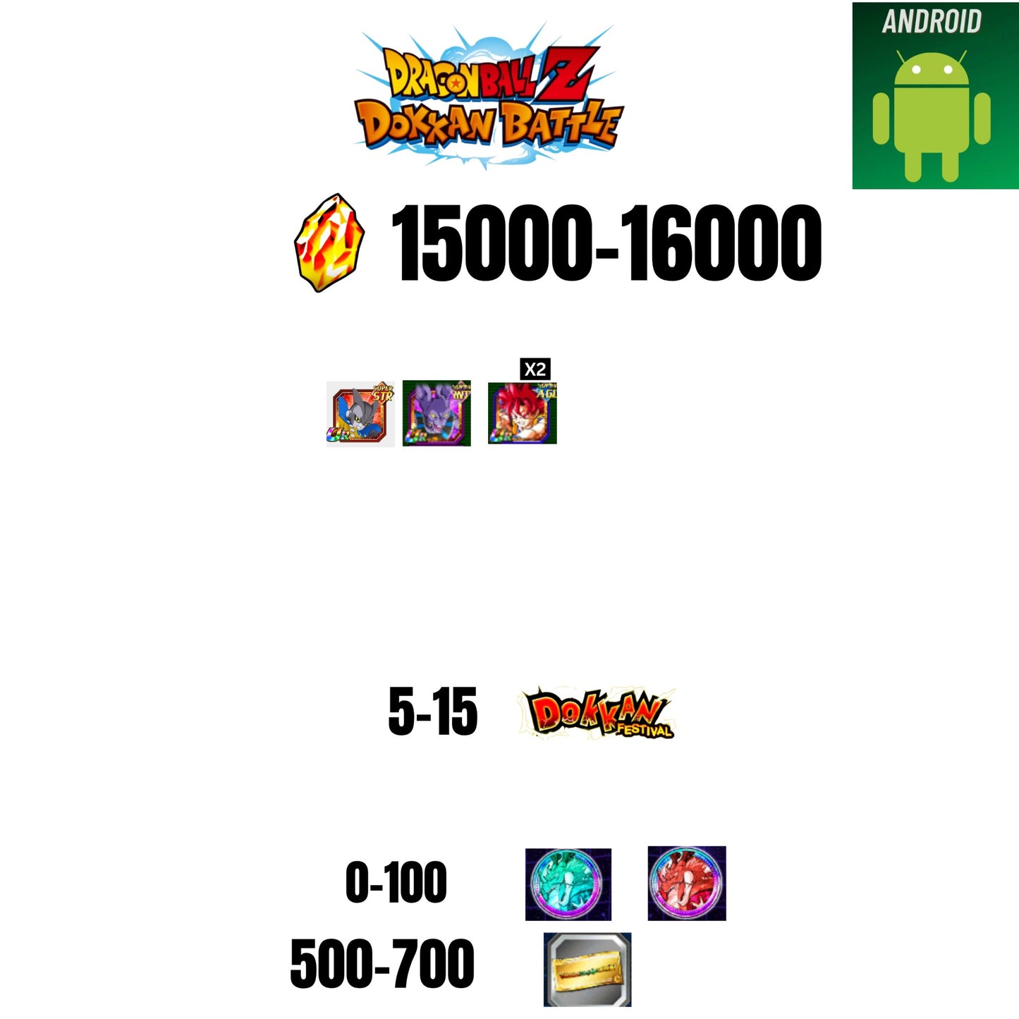 [GLOBAL][ANDROID] 15000-16000 STONES | GOKU GOD | BEERUS | 3 CHARACTERS | 5-15 DOKKAN FEST | 500 TICKET