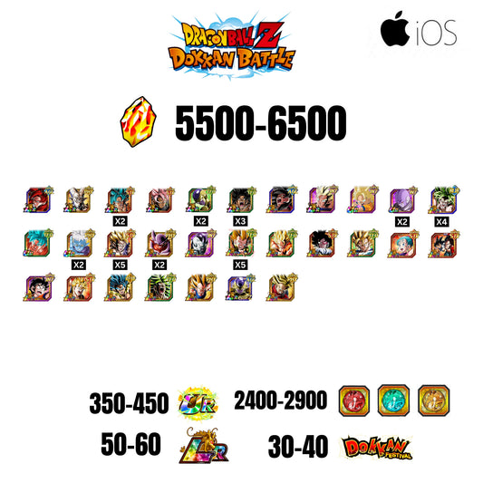 [GLOBAL][IOS] 5500-6500 STONES | 4 WWC LR  | GOHAN LR | FRIEZA LR | BROLY LR | 29 CHARACTERS | 50-60 LR + 30-40 DOKKAN FESTIVAL | 2400-2900 COIN