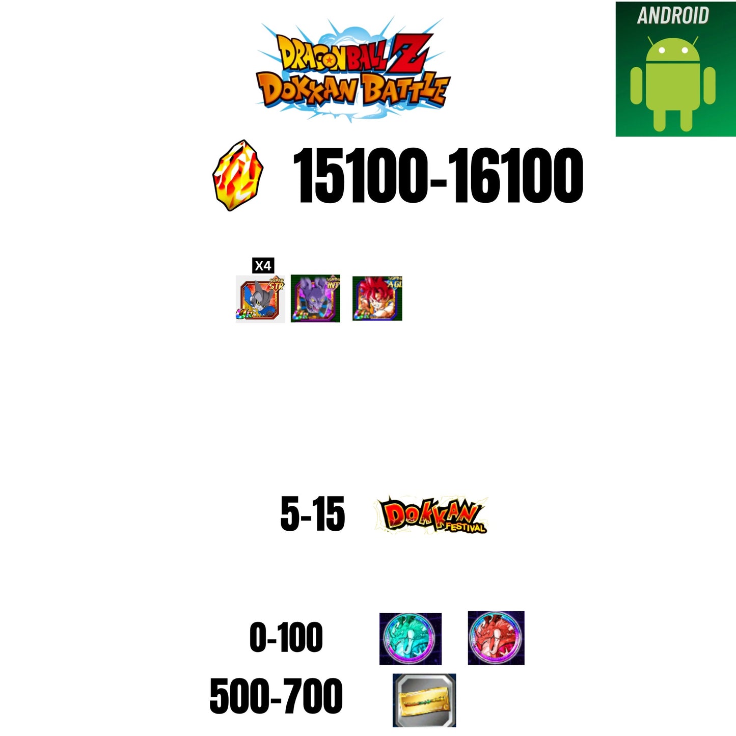 [GLOBAL][ANDROID] 15100-16100 STONES | GOKU GOD | BEERUS | 3 CHARACTERS | 5-15 DOKKAN FEST | 500 TICKET