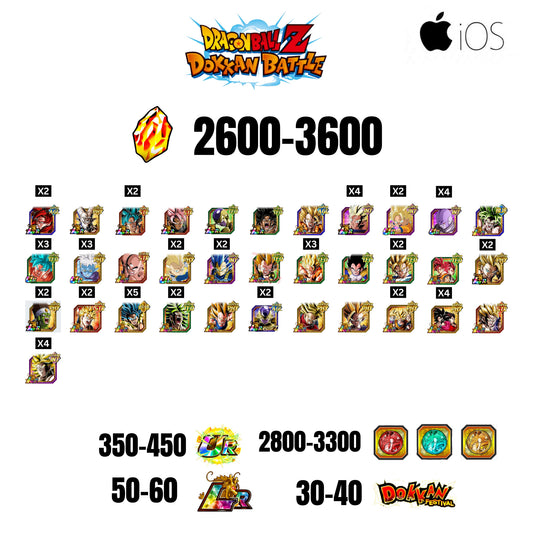 [GLOBAL][IOS] 2600-3600 STONES | 4 WWC LR  | GOHAN LR | FRIEZA LR | BROLY LR | 33 CHARACTERS | 50-60 LR + 30-40 DOKKAN FESTIVAL | 2800-3300 COIN