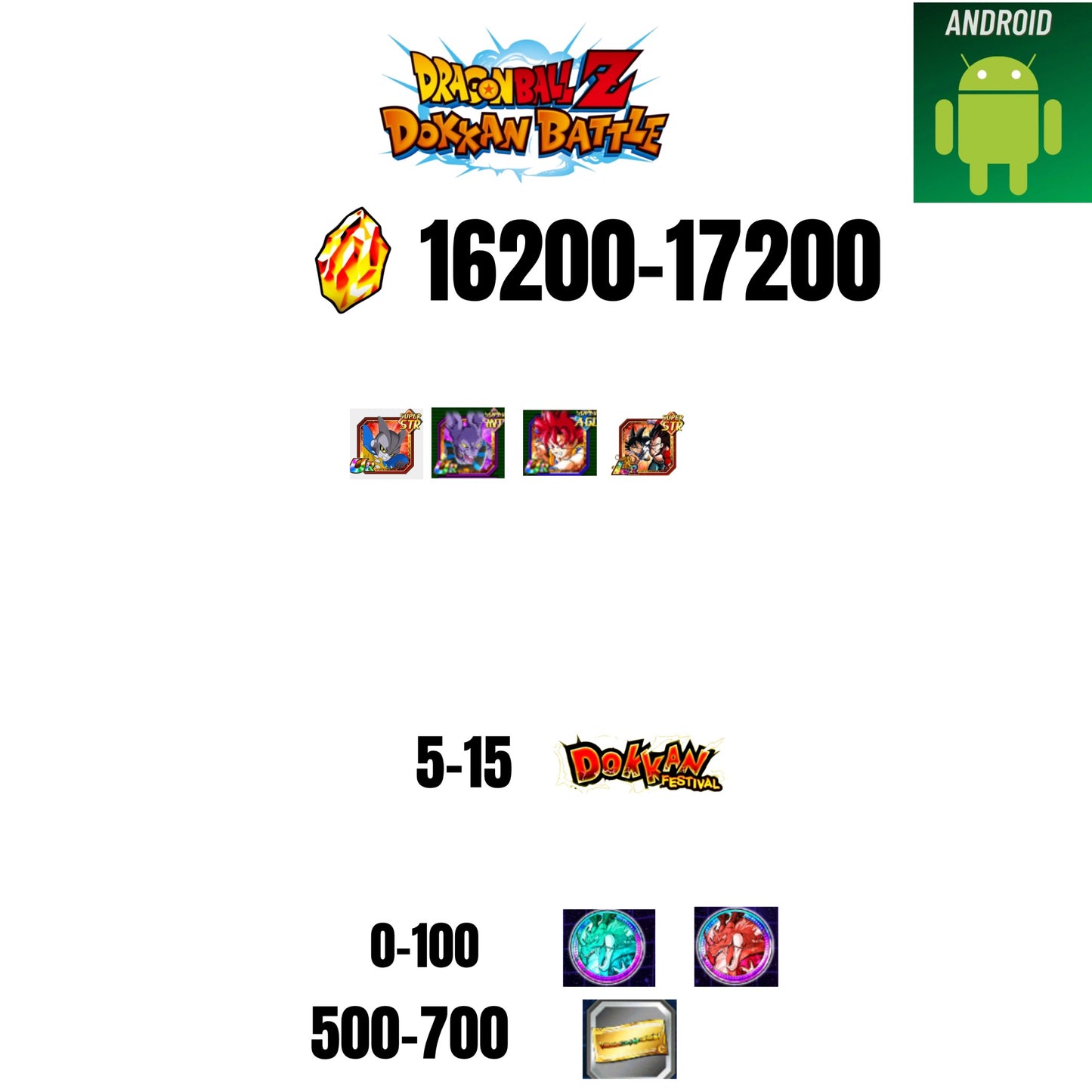 [GLOBAL][ANDROID] 16200-17200 STONES | GOKU GOD | BEERUS | 4 CHARACTERS | 5-15 DOKKAN FEST | 500 TICKET