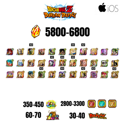 [GLOBAL][IOS] 5800-6800 STONES | 4 WWC LR  | GOHAN LR | FRIEZA LR | BROLY LR | 33CHARACTERS | 60-70 LR + 30-40 DOKKAN FESTIVAL | 2800-3300 COIN