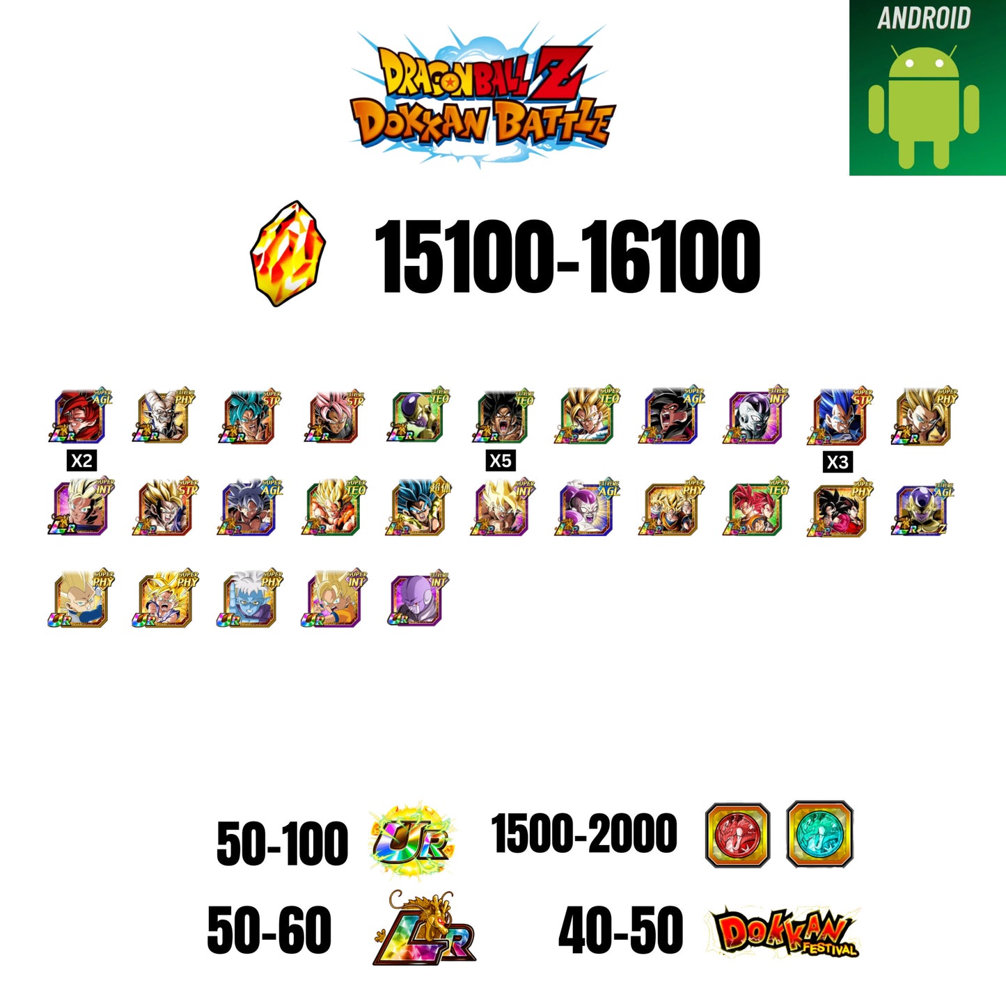 [GLOBAL] [ANDROID] 15100-16100 STONES | 4 WWC LR  | GOHAN LR X2 | FRIEZA LR | BROLY LR | 27 CHARACTERS | 50-60 LR + 40-50 DOKKAN FESTIVAL | 1500-2000 COIN