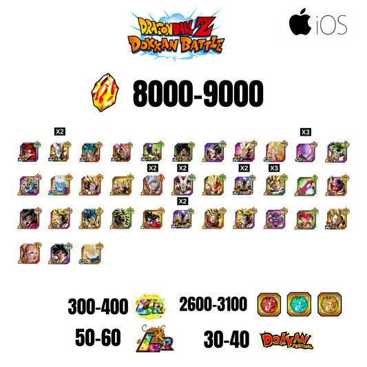 [GLOBAL][IOS] 8000-9000 STONES | 4 WWC LR  | GOHAN LR | FRIEZA LR | BROLY LR | 36 CHARACTERS | 50-60 LR + 30-40 DOKKAN FESTIVAL | 2600-3100 COIN