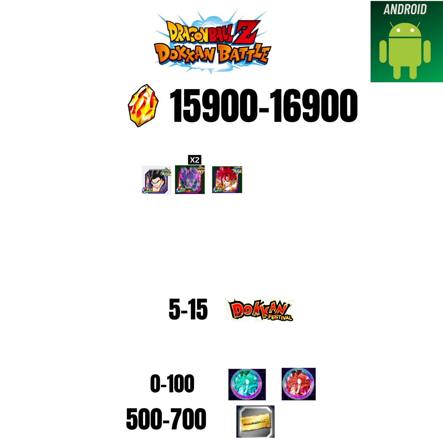 [GLOBAL][ANDROID] 15900-16900 STONES | GOKU GOD | BEERUS | 3 CHARACTERS | 5-15 DOKKAN FEST | 500 TICKET