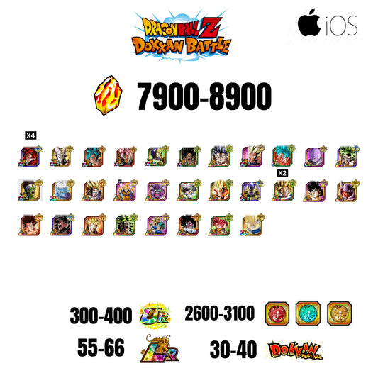 [GLOBAL][IOS] 7900-8900 STONES | 4 WWC LR  | GOHAN LR | FRIEZA LR | BROLY LR | 29 CHARACTERS | 55-65 LR + 30-40 DOKKAN FESTIVAL | 2600-3100 COIN
