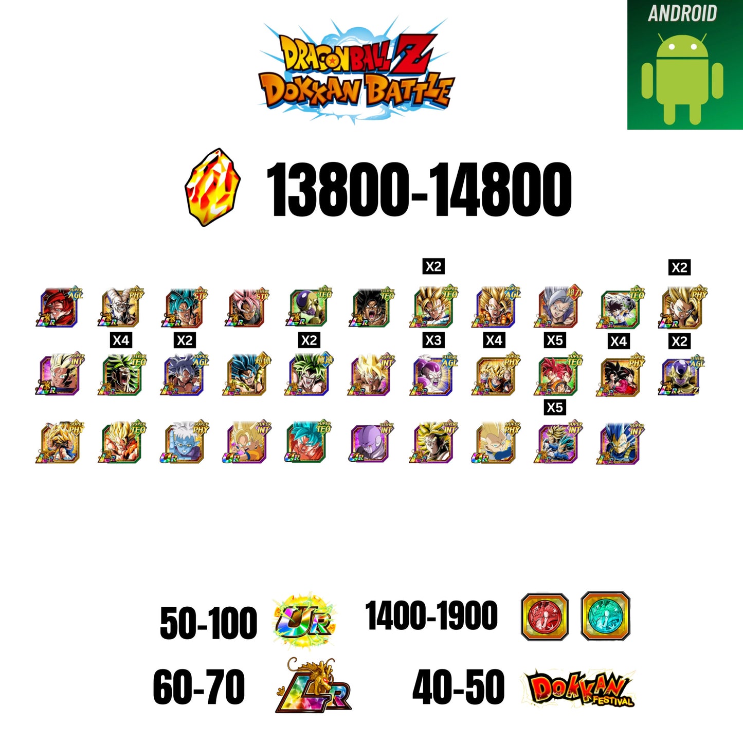 [GLOBAL] [ANDROID] 13800-14800 STONES | 4 WWC LR  | GOHAN LR | FRIEZA LR | BROLY LR | 34 CHARACTERS | 60-70 LR + 40-50 DOKKAN FESTIVAL | 1400-1900 COIN